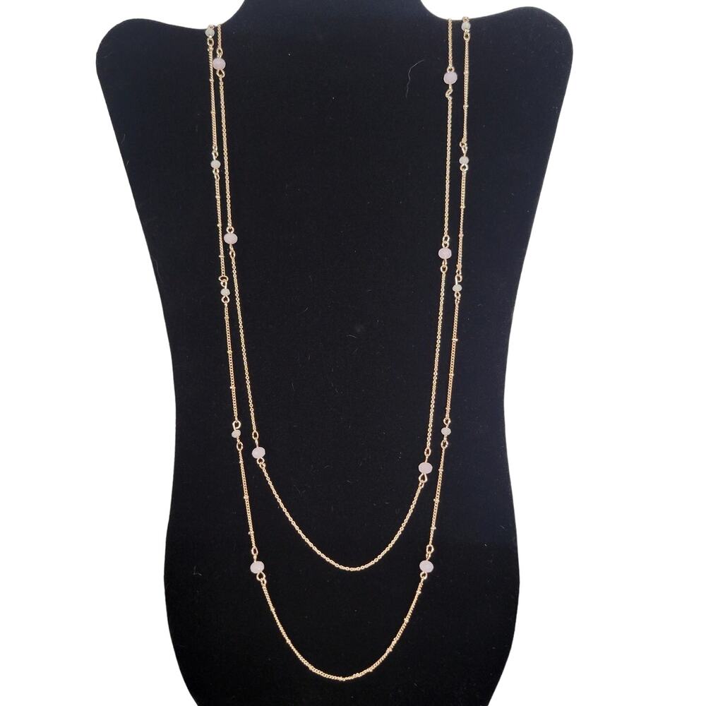 Lauren Conrad Gold Tone Pink & Cream Beaded Layered Necklace 32" +3" Extender